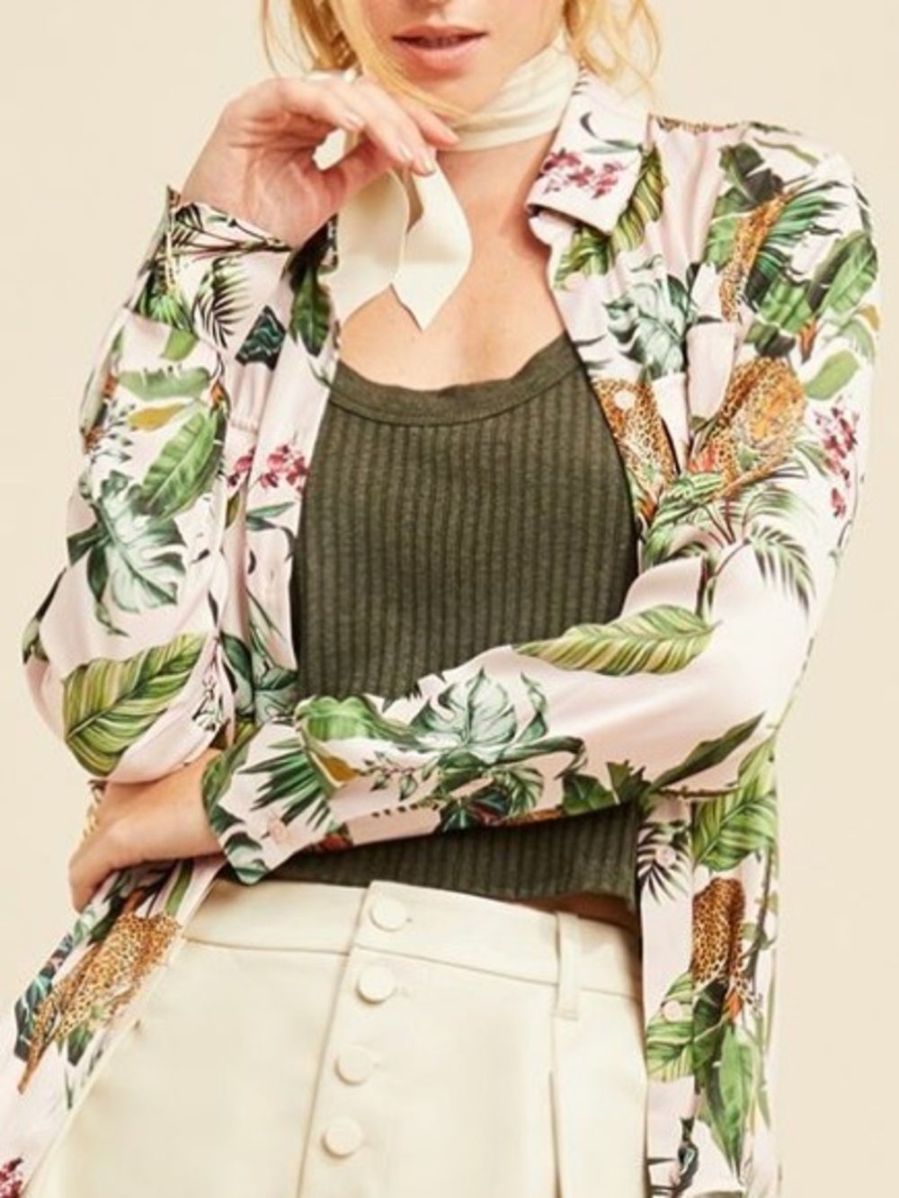 DAVID LERNER New York Jungle Print Blouse Tropical Leaf Button-Down Pink & Green